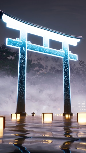 Ghostwire Tokyo Shrine Gate with Lanterns