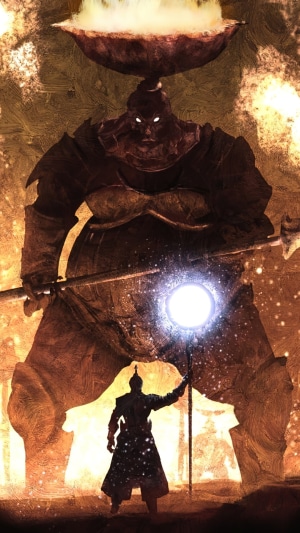Giant figure with a bowl of fire from Elden Ring
