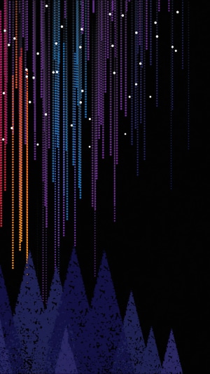 Abstract colorful digital art with falling lights and mountains