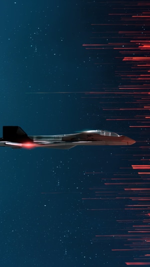 Fighter jet flying through starry sky with red streaks