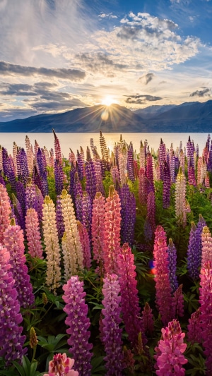 Lupines in bloom by a lake at sunset in New Zealand