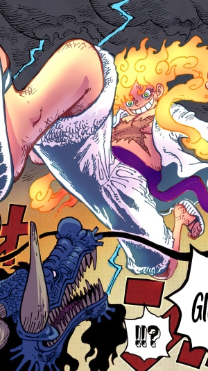 Monkey D. Luffy in Gear 5 from One Piece fighting Kaido