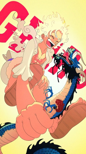 Monkey D. Luffy in Gear 5 from One Piece fighting a dragon
