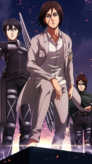 Eren Yeager, Mikasa Ackerman, and Hange Zoë from Attack on Titan