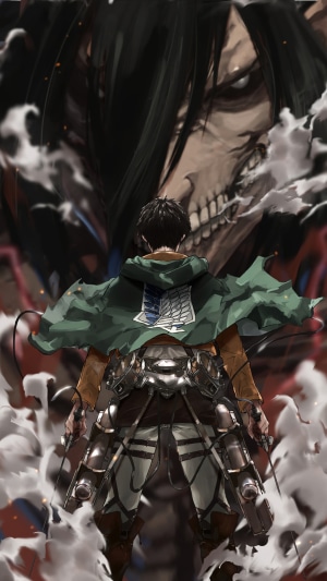 Eren Yeager from Attack on Titan facing the Attack Titan
