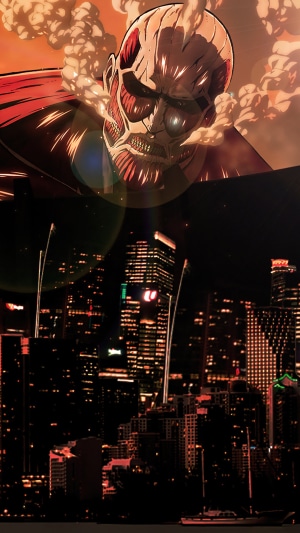 Colossal Titan from Attack on Titan over a city