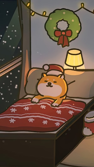Shiba Inu Dog Sleeping in Bed with Christmas Decorations