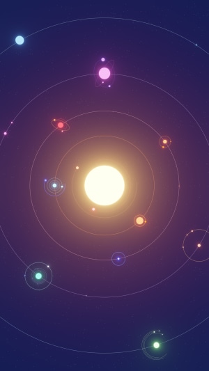 Digital art of a stylized solar system with a bright sun and colorful planets
