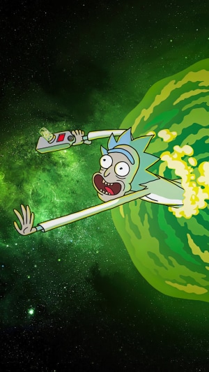 Rick Sanchez from Rick and Morty using a portal gun