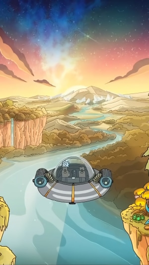 Rick and Morty spaceship flying over a river landscape