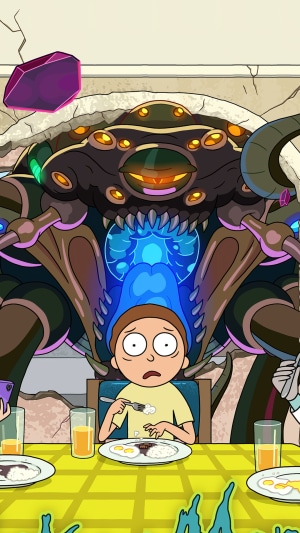 Morty Smith from Rick and Morty with a large creature