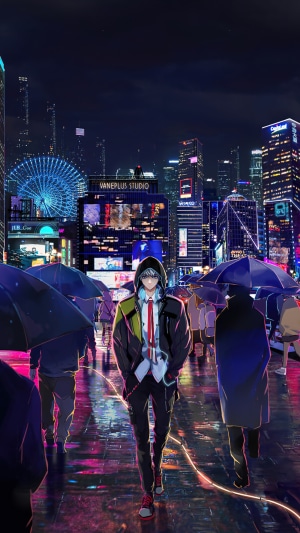 Anime boy walking in a rainy neon city at night
