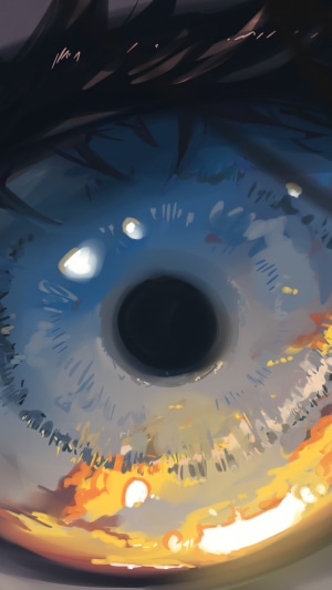 Close-up of an anime eye reflecting a sunset