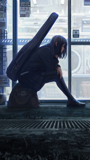 Anime girl with guitar case sitting by window