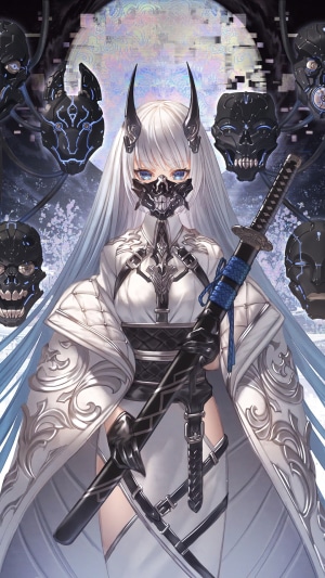 Anime Girls, Mask, Katana, White, Hiar HD Phone Wallpaper | Rare Gallery