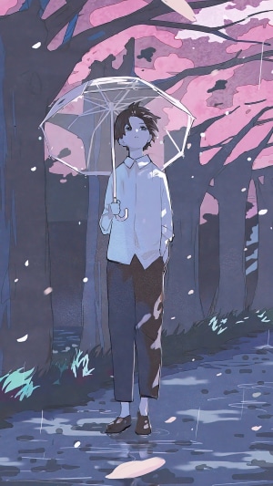 Anime boy with umbrella under cherry blossoms