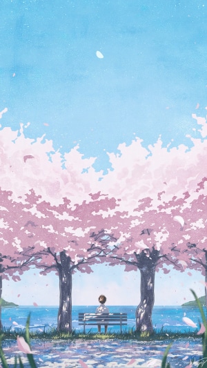 Anime scenery with cherry blossoms and a person on a bench