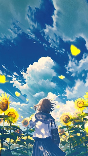 Anime girl in school uniform in sunflower field