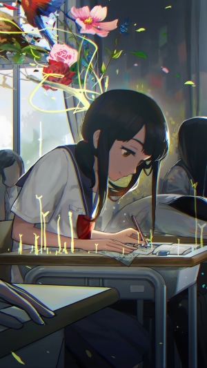 Anime girl in school uniform writing at a desk