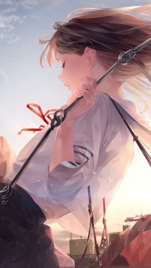 Anime girl in school uniform on a swing