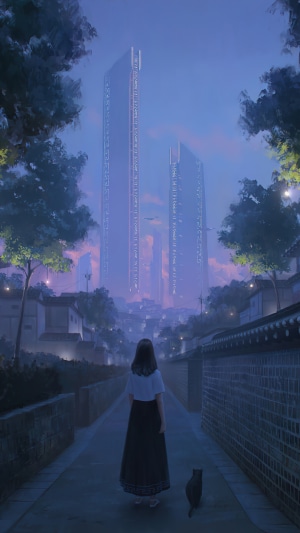 Anime girl and cat in a futuristic city alley at night