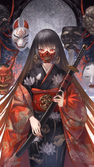 Anime girl with katana and masks