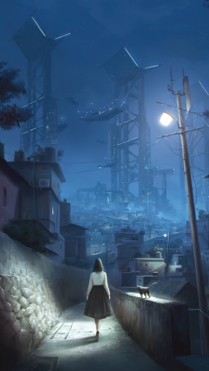 Girl and cat in a futuristic city alley at night