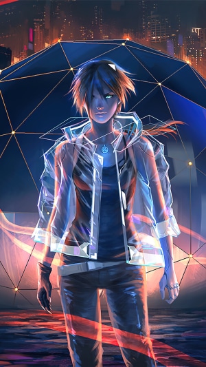 Anime character in futuristic city