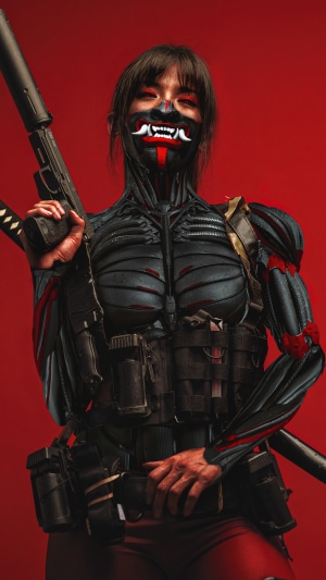 Cyberpunk Samurai Girl with Oni Mask and Gun