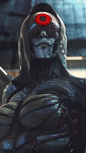Android soldier with red eye in cyberpunk armor