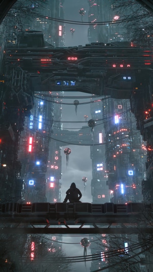 Sci-Fi Cityscape with Flying Drones and a Lone Figure