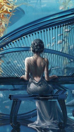 Woman playing piano underwater with fish and plants