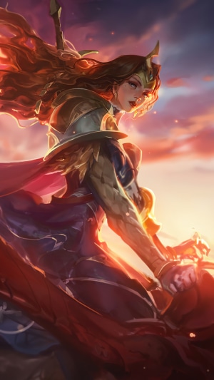 Warrior Woman in Armor with Red Cape at Sunset