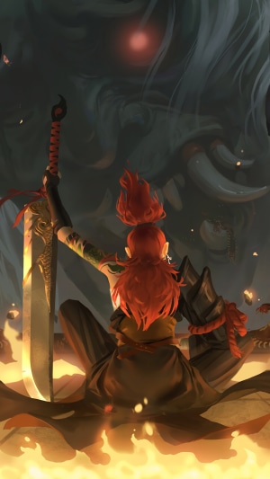 Warrior girl with sword facing a monster