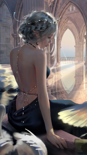 Fantasy girl with swan in ancient ruins
