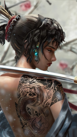 Woman with dragon tattoo and katana