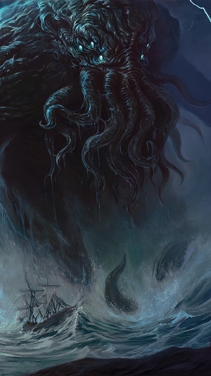 Cthulhu attacking a ship in stormy seas