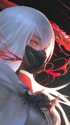 Anime girl with white hair and red eyes wearing a mask