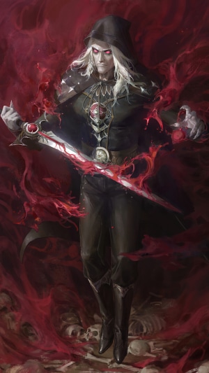 Vampire warrior with sword surrounded by blood