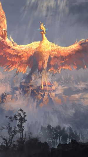 A majestic phoenix flies over a mystical city
