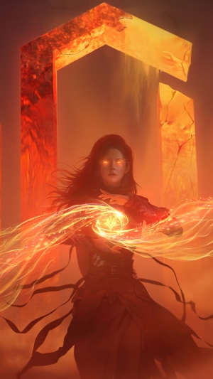 Fantasy girl with glowing eyes casting fire magic