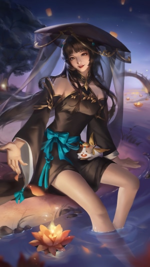 Girl in Black Dress with Lotus Lanterns