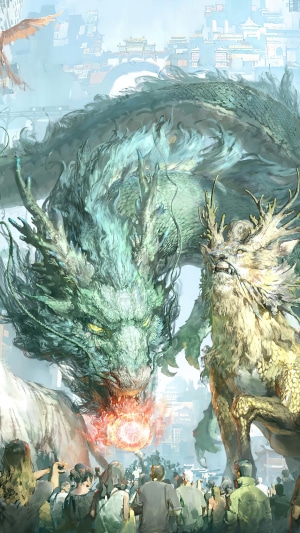 Dragons and mythical creatures in a fantasy city