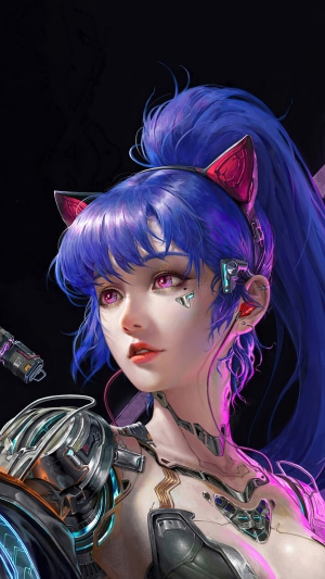 Cyberpunk girl with blue hair and cat ears