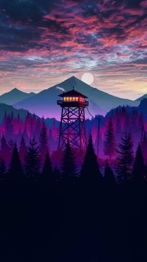 Digital art of a watchtower in a purple forest at sunset