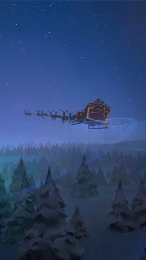 Santa Claus and reindeer flying over a snowy forest at night