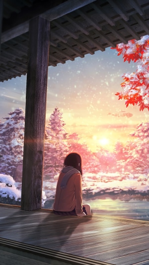 Anime girl sitting on a wooden porch in winter