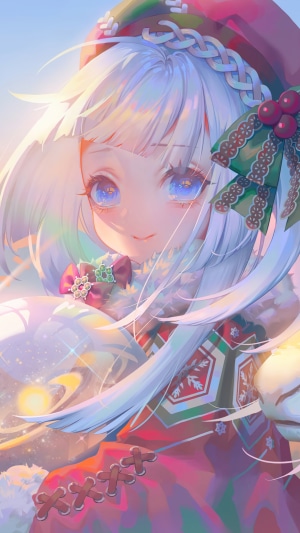 Anime girl with white hair and blue eyes in Christmas outfit