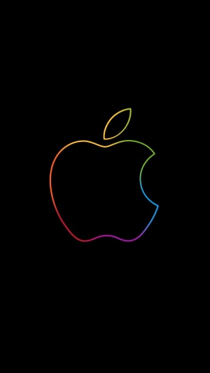 Apple logo with rainbow outline on black background