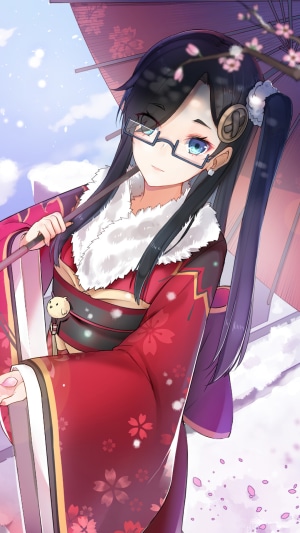 Anime girl in kimono with glasses and umbrella